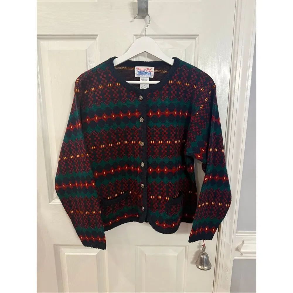 Vintage Tally-Ho Acrylic Navy & Burgundy Cardigan Sweater sz M EUC